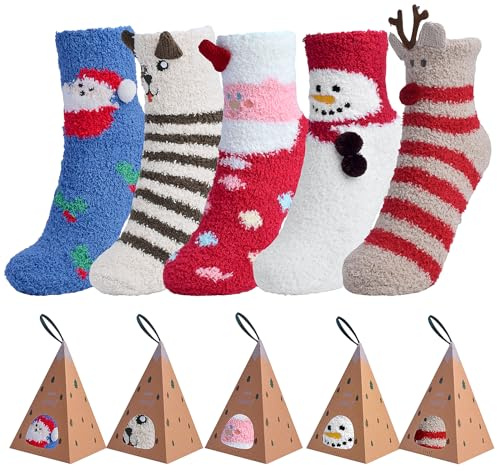 CZMAO 5 Paar Weihnachtssocken mit Geschenkbox, Weihnachten Socken, Weihnachtsmotiv Warm Festlicher Baumwolle Socken, Weihnachtssockens,Weihnachtssocken Tiermuster Cartoon