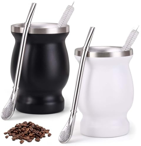 Juego de 2 vasos para mate, de acero inoxidable de doble pared, juego de té mate con cuchara de pajita y cepillo de limpieza, aislamiento térmico para té, café, leche y zumo, blanco y negro