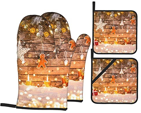 Ofenhandschuhe und Topflappen mit Weihnachtsbäumen und Kerzen, wasserdicht, hitzebeständig, Küchenhandschuhe zum Kochen, Backen und Grillen, 4 Stück