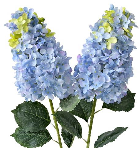 JINWOE Blue Artificial Hydrangeas Silk Flowers, 2Pcs 31.5 Full Large Lifelike Panicled Hydrangea Artificial Flowers for Decoration, Fake Spring Flower with Tall Vase for Bouquets Home Kitchen Table