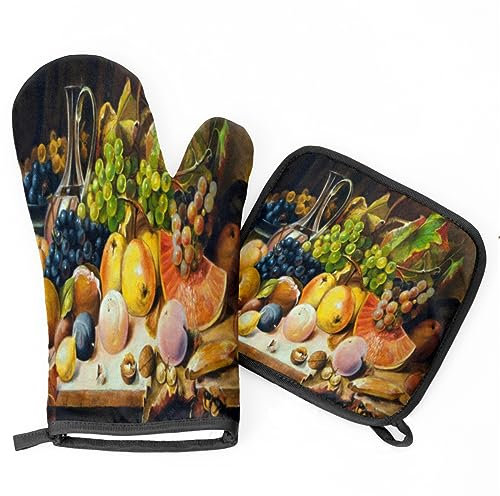 Ofenhandschuhe Topflappen Set Traubenfruchtmalerei Grillhandschuhe Mit Innere Baumwollschicht Topfhandschuhe Hitzebeständige Kochhandschuhe, Für BBQ, Grillen
