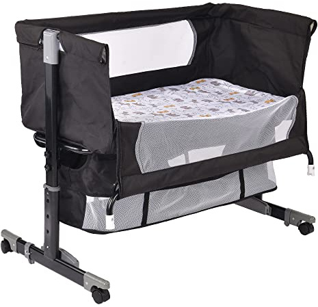 Cododo Babybett, 3 in 1 Wiege Cododo mit Matratze und Moskitonetz, Höhenverstellung, Mobile Babywiege für Neugeborene/Säugling, Cododo-Bett mit Aufbewahrungskorb (92 x 58 x 70 – 90 cm, schwarz)