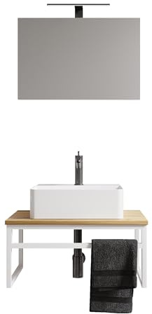 VCM 3-TLG. Waschplatz Waschtisch Badmöbel Set Waschbecken Holz Metall Industrial Style Bitila 60 V1