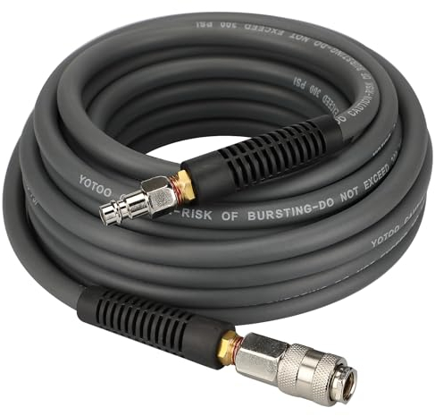 YOTOO Hybrid Air Hose 10m Long 6.5mm ID X 12mm OD 300 PSI with 1/4-Inch Europe Steel Quick Coupler Fittings and Bend Restrictors for Heavy Duty, Lightweight, Flexible at All Weather Use, Gray