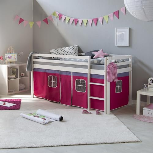 Homestyle4u Kinderhochbett Weiß 90x200 cm - Kiefer Hochbett mit Vorhang | Kinderbett mit Lattenrost und Leiter, Vorhang Pink Rosa, Absturzsicherung, Kiefernholz Bettgestell, Spielbett fur Kinder