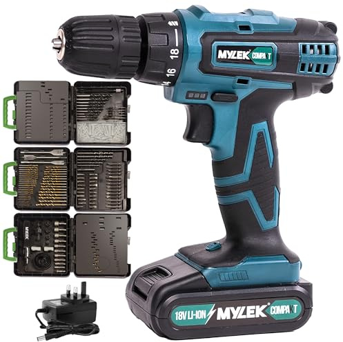 MYLEK 18V Cordless Drill - Lithium Ion Drills Driver Screwdriver Set - 13 Piece Combi Accessory Kit - LED Worklight, 18 Volts Blue/Black with MYLEK 4ORCE Accessory Kit (204 Piece)