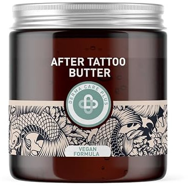 Derma Care Plus® After Tattoo Butter – Vegane Tattoo-Pflege mit Panthenol & Vitaminen A, C, E – Regenerierend & Feuchtigkeitsspendend – Zieht schnell ein, ohne Fettfilm – Nachhaltig im Braunglas
