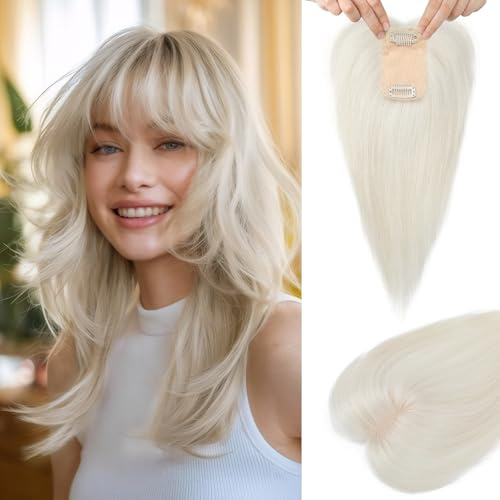 Flufymooz Real Human Hair Toppers for women Echthaar-Topper für Frauen, 26 cm Clip-in-Pony, 100% Echthaar-Topper für dünner werdendes Haarteil, Cover-Haarteil mit 150%, Seidenbasis-Weißblond