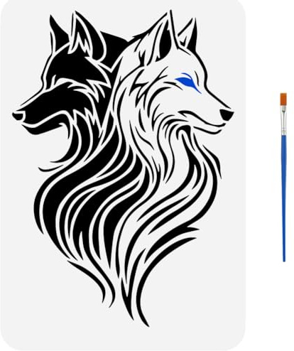 FINGERINSPIRE Two-Headed Wolf Stencil with Paint Brush 21x29.7cm Reusable Black White Wolf Template Two Head Wolf Stencil Wolf Pattern Template Animal Theme Stencil for Painting on Wood Fabric