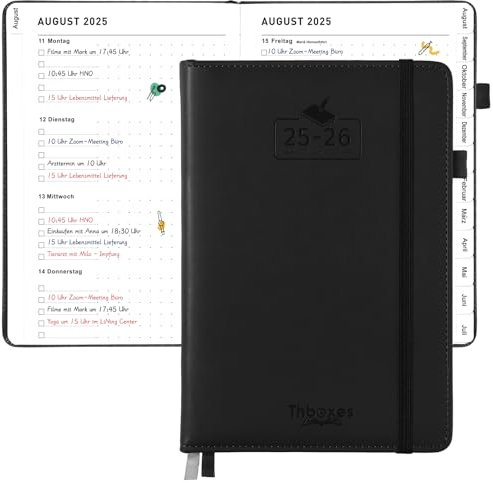 Kalender 2025 2026, A5 Wochenplaner 12-Monate-Terminkalender von August 2025 bis Juli 2026, Planer 2025 2026 Buchkalender, Notizbuch mit Kalender Buch für Schule Büro (Schwarz)