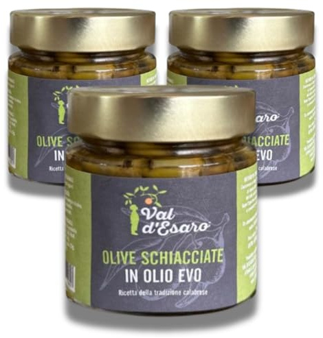 Olive Schiacciate alla Calabrese - Artigianali e Condite in 100% Olio Extravergine Calabrese - Gusto Autentico e Tradizionale - Val D'Esaro - 3 vaso da 200 g
