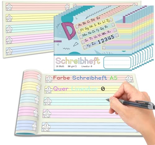 jiawaggag 10 Stück Farbe Schreibheft A5 Quer Lineatur 0 für 1. Schuljahr Lernheft Schreiblernheft Notizbuch für Die Schule und Zum Lernen 80 g/qm