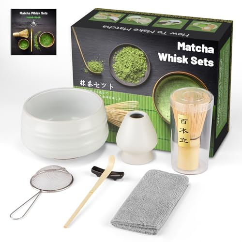 7pcs Matcha Kit Cérémonie Japonaise,Ensemble de Fouet à Matcha,Coffret Matcha pour la Cérémonie du Thé,Il Peut Aussi Être Offert en Cadeau à des Amis ou des Collègues (Matte White, Bamboo Brush)