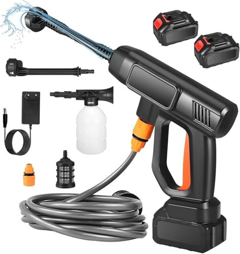 Limpiador de alta presión con batería, pistola de agua portátil y boquilla ajustable 6 en 1, manguera de 5 m, 2 limpiadores de alta presión 4000 mAh para coches, suelos