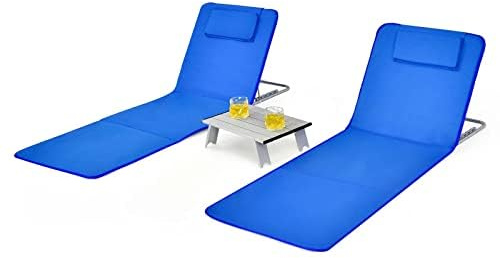 FANTASK Uppsättning av 2 strandmattor med sidobord, kudde och förvaringsfack, liggmatta med justerbart ryggstöd, strandstol för stranden (blå)