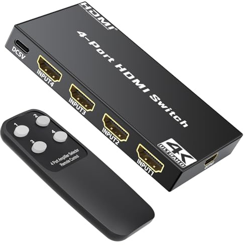 HDMI Switch 4K 30Hz, HDMI Umschalter 4 in 1 Out with IR Remote Control, 4 Port hdmi Selector Box Support HDCP 1.4 HDR 3D Kompatibel mit PS5/4, Xbox, Apple TV, Skybox, Blu-Ray, HDTV, Monitor