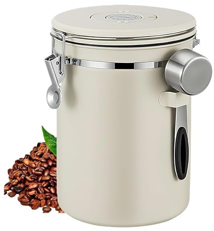 Buithafu Récipient à café hermétique en acier inoxydable (304) de 2800 ml avec molette de date fraîche et valve de CO2 | avec cuillère doseuse de 30 ml | pour café, thé, épices | Beige – Conserve