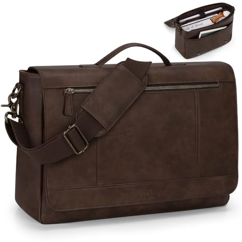 RAINSMORE Leder Messenger Bag für Herren 15,6 Zoll Laptoptasche Vintage Aktentasche Große Computertasche Satchel Umhängetasche für College, Arbeit, Business, Büro, Dunkelbraun