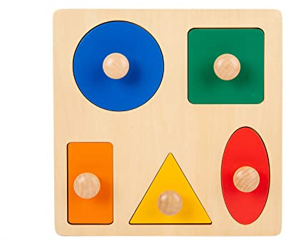 Adena Montessori Holzpuzzle für Babys 6–12 Monate – Lernspielzeug mit 5 großen Griffknöpfen – Formsortierer für Kleinkinder ab 1–3 Jahre –Farb- & Formerkennung, Motorikspielzeug(5 Geometrische Formen)