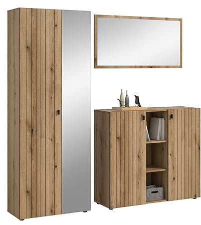 xonox.home – 3-TLG. Garderobenkombination Station 191x192x37 cm in Evoke Oak – Design Garderobenmöbel-Set mit Garderobenschrank, Spiegel und Schuhkommode für die Diele
