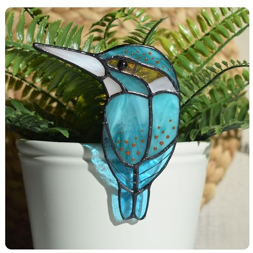 Lolitarcrafts Stained Glass Kingfisher Suncatcher for Planter Decoration-Colorful Glass Plant Pot Ornament,Bird Lover Gifts,Plant Lover Gifts