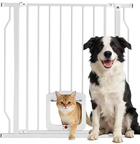 PawHut Treppenschutzgitter mit Katzenklappe ohne Bohren 75-85 cm Weiß