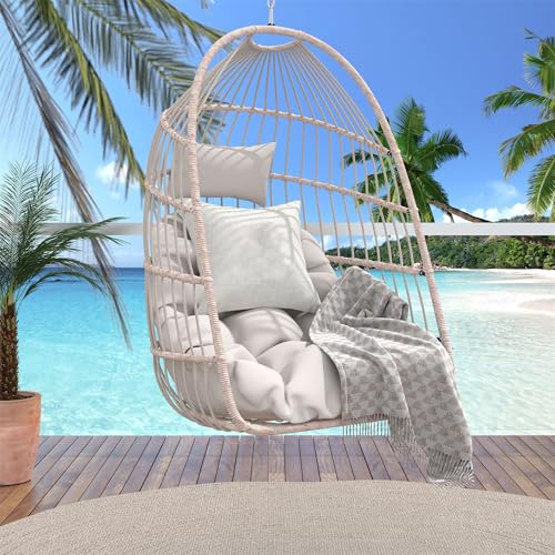 Outdoor Suspended Egg Swing Chair, Foldaway PE Rattan Wicker Cocoon Lounger with Washable Polyester Cushion Headrest, Stainless Steel Ceiling Hook Chain Kit, Weather Resistant Patio Garden (Off White)