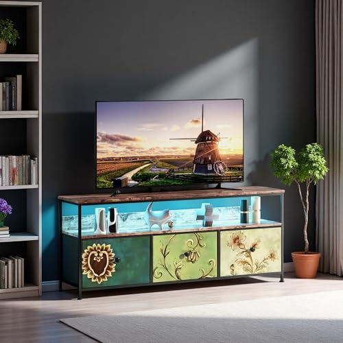 JYNVO Mobile TV con illuminazione a LED e 3 cassetti, piedini regolabili in altezza, per TV fino a 50-55 pollici, mobile TV con spazio per soggiorno o home cinema (colorato, 108 cm)