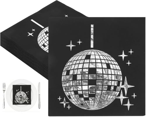 LOLANIUT 40 Pezzi Tovaglioli Disco Neri 33x33 cm, Tovaglioli Palla Disco in Carta 2 Veli, Decorazioni Tavola per Compleanno e Festa a Tema Anni 70 80 90