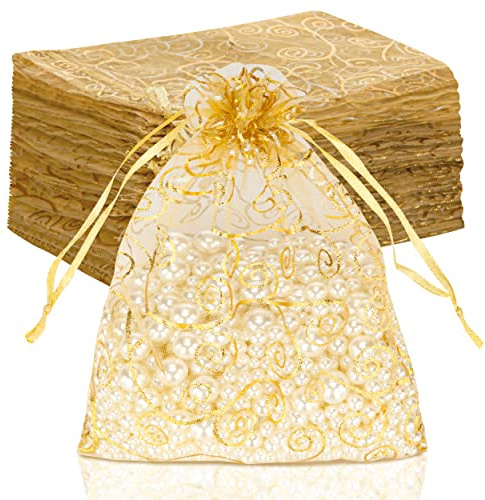 100 Stück Organza Geschenkbeutel, 13x18cm transparente Organza Beutel aus | Mesh Zugband Schmuck Rattan bedruckte Geschenkbeutel für Hochzeitsfeiern, Baby Shower, Weihnachtsgeschenke