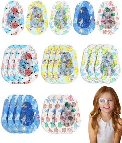 JEXOWIQ 20 Pièces de Pansements Oculaires, Cache Oeil Enfant, Patch Adhésif pour les Yeux pour Enfants 5 Modèles Cache Oeil Adhésif en Coton Bloquant la Lumière pour Enfant Souffrant D'amblyopie