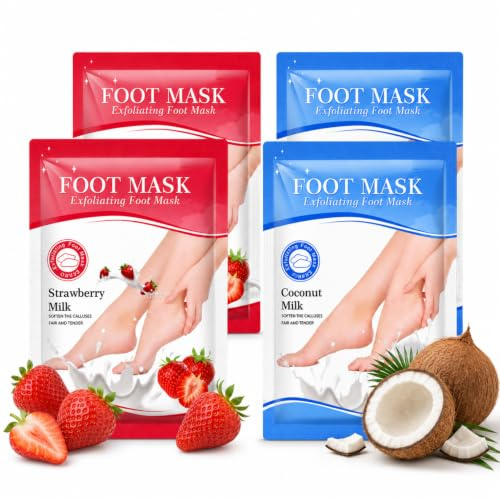 4 Paar Peeling Fußmaske, Erdbeere & Kokosnuss Hornhaut Socken | Natürlich Fussmaske zur Hornhaut Entfernen, Feuchtigkeitsspendende Socken für Sehr Trockene Füße, Fußpflege für Damen&Herren