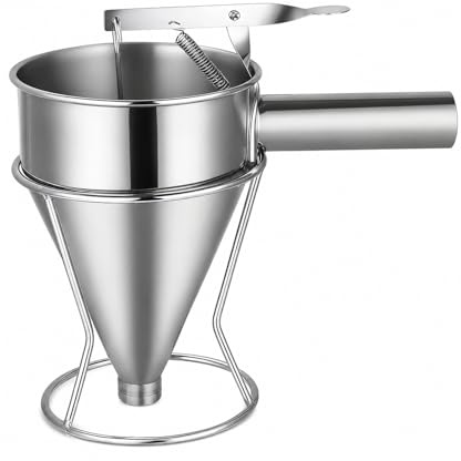 Azarton Teigportionierer 600 ml aus Edelstahl, Pfannkuchen Teigspender mit Ständer, Griff und 4 Silikonmündungen, Backtrichter für Waffeln, Macarons, Cupcakes und Desserts