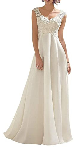 Abaowedding Women's Wedding Dress Lace Double V-Neck Sleeveless Evening Dress Ivory US 14