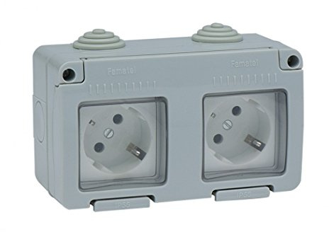 FAMATEL – Doble base | Enchufe de empotrar | Serie Garden | IP55 | Protección Infantil | Este enchufe es a prueba de agua | Fácil de instalar este producto | Aluminio | Gris