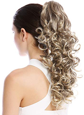 WIG ME UP - N956-V-18T22 Haarteil Zopf Pferdeschwanz Locken lockig voluminös Steckkämme lang 50 cm Goldbraun Hellblond Gesträhnt