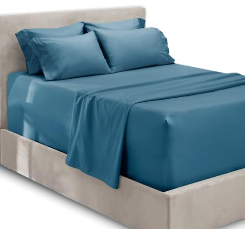 Hearth & Harbor Fits Mattress up to 21, Double Brushed Bedding Sheets & Pillowcases, Microfiber, Blue Heaven, King