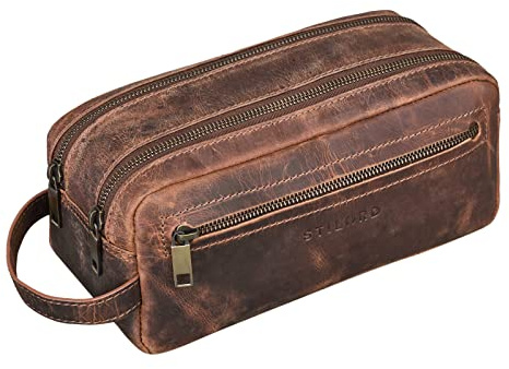 STILORD Kurt Kulturtasche Kulturbeutel groß mit Henkel Reise Waschtasche mit Fächern Vintage echtes Leder Farbe:schwarz