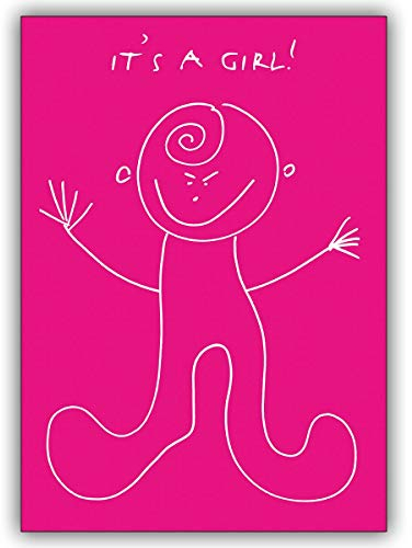 16er Set: Knackig pinker Geburts Glückwunsch mit illustriertem Baby: It's a girl! • liebevolle Willkommens Grusskarte, Geschenk-karte zur Geburt für Mutter und Kind für Mitarbeiter, Familie