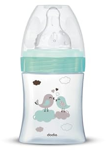 Dodie Babyflaska, antikolik initiation+, glas, grön, fågel, 150 ml, 0–6 månader, rund sugkopp, flöde 1