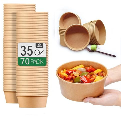 TOPtoper 35 Oz Large Paper Bowls【WITHOUT LIDS】 70 Pack Disposable Soup Bowls Plastic Free Party Supplies for Hot/Cold Food, Soup (35 OZ)