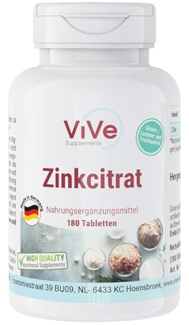 Zink Tabletten - 25mg aus Zinkcitrat - 180 Tabletten - schluckfreundlich - Hochdosiert - Vegan | Qualität aus Deutschland von ViVe Supplements