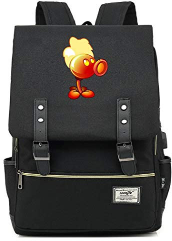 WANHONGYUE Plants vs. Zombies Spiel Backpack Vintage Schulrucksack Studententasche Schulranzen 15,6 Zoll Laptop Rucksack mit USB-Ladeanschluss Black / 4