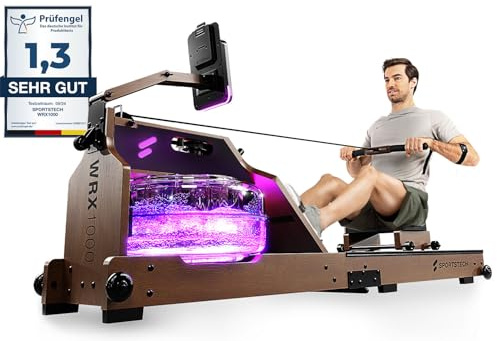 Sportstech, Wasserrudergerät + 3-Fach individuell verstellbar WRX1000 | Aus Massivholz, klappbar, mit LED-Wassertank und voller Kontrolle über den Wasserwiderstand, App mit KI-Coach & Live-Trainer