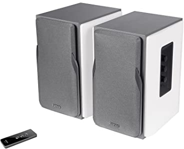 EDIFIER Studio R1380T 2.0 Regallautsprecher-System (42 Watt) im Echtholzgehäuse (MDF). Zwei LINE IN Anschlüsse. Infrarot-Fernbedienung und seitliche Bedienelemente für Bässe, Höhen und Lautstärke.