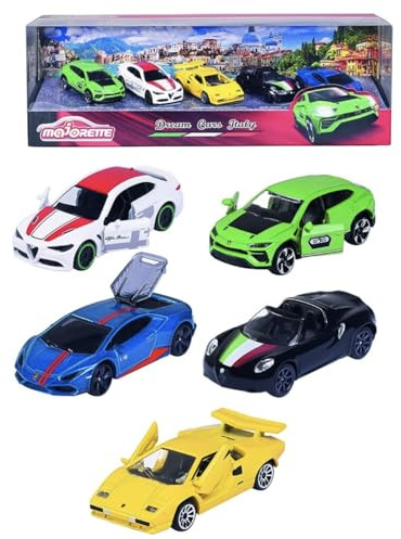 Majorette – Dream Cars Italy – 5 italienska leksaksbilar som presentset, modellbilar för samlare eller barn från 3 år, Alfa Romeo och Lamborghini, 212053178, flerfärgad