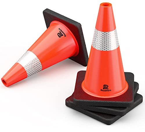 RoadHero 4 Pack Traffic Safety Cones 18 Inch with Black Weighted Base, Plastic PVC Cone, Orange Cones with Reflective Collar, Cones for Parking Lot, Construction Events, Road Safety