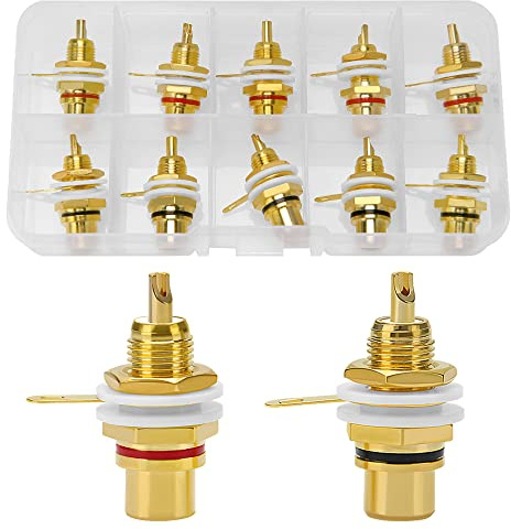 KUOQIY 10 Stück Cinch Buchse Einbau, Vergoldet RCA Jack 3/8 Cinch Buchse Einbau, Chassis HiFi Audio Stecker, Terminal Chassis Steckdose RCA (5 Schwarz + 5 Rot)