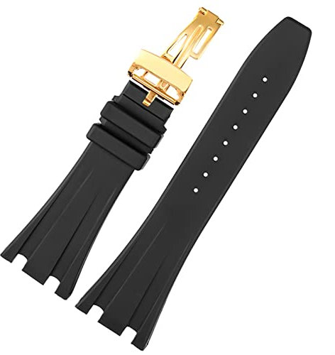 AEMALL Schwarzes Silikon Gummi Armband für Audemars für Piguet Gurt 28mm Uhr Ap. Band Männer Armband Schmetterlingsschnalle-Werkzeuge (Color : Black Gold Buckle, Size : 28mm)