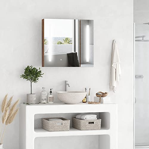 kleankin Armoire de Toilette avec Miroir Lumineux LED Meuble Salle de Bain 2 Portes avec 3 Niveaux 70 x 15 x 65 cm Aspect Bois
